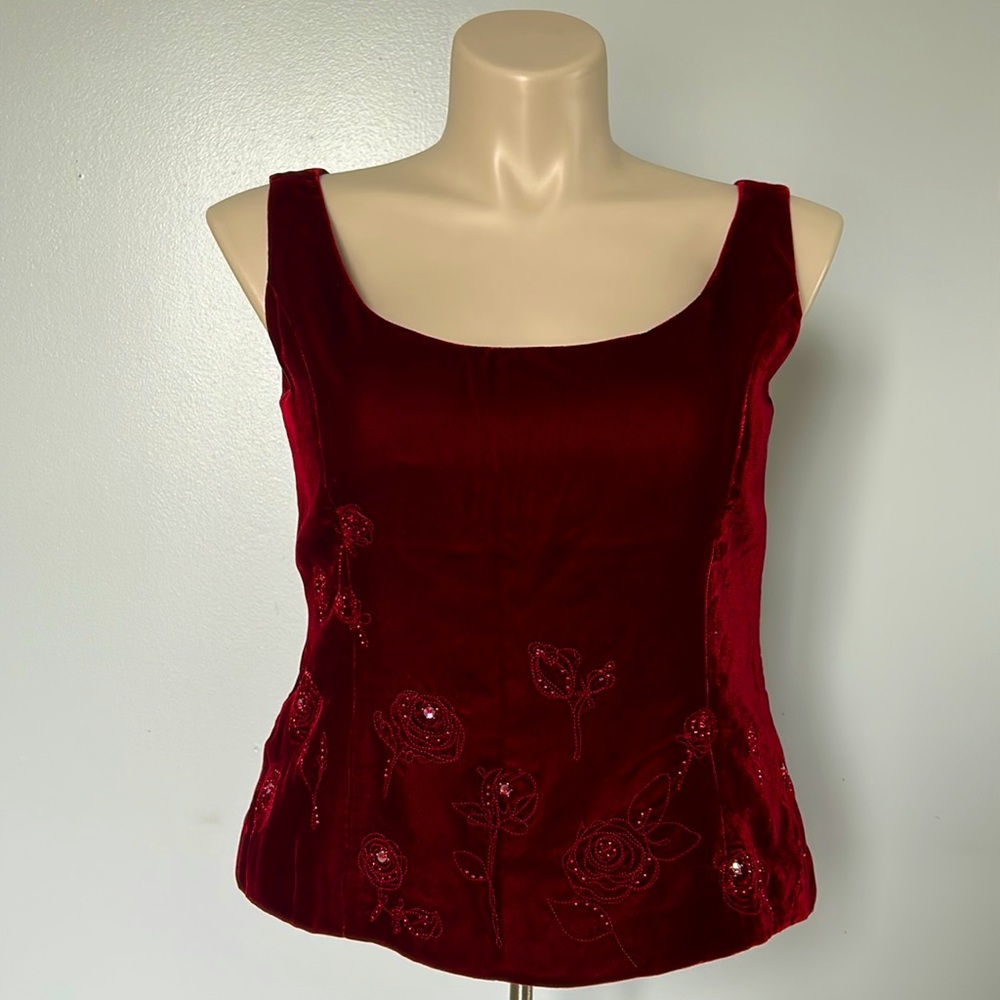 Laura Ashley Red Velvet Embellished Sleeveless Top Sz 12